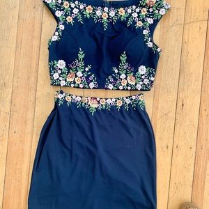 Stunning two piece dress with floral details and rhinestones